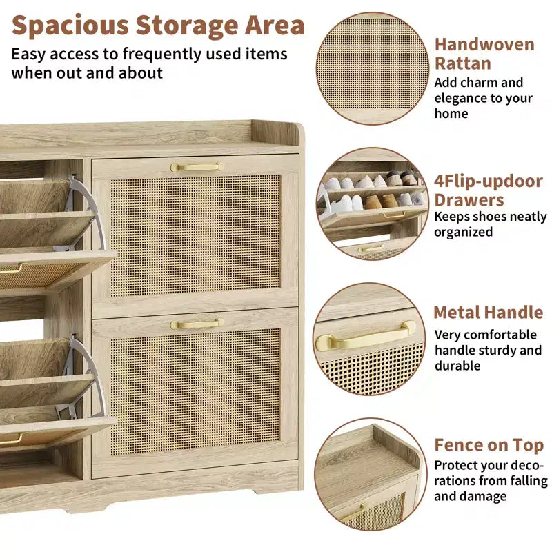 Ampia scarpiera in rattan con 4 cassetti a ribalta, design autoportante in legno e traspirante, 105 cm (L)