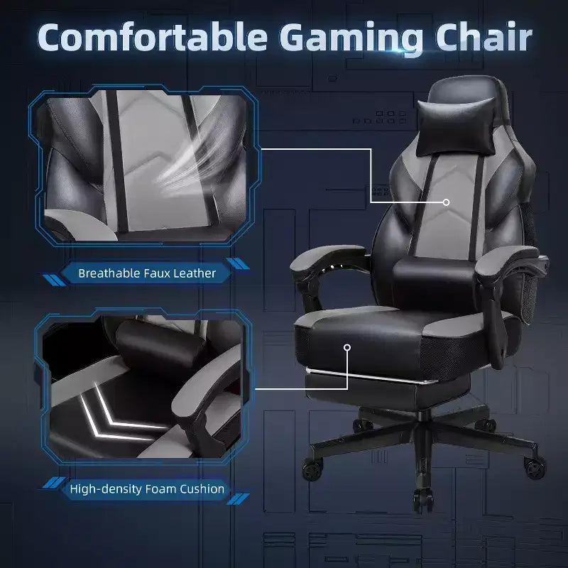 Sedia da Gaming con Schienale Alto con Poggiapiedi, Supporto Lombare Massaggiante e Girevole a 360°, Regolabile in Altezza, Pelle PU