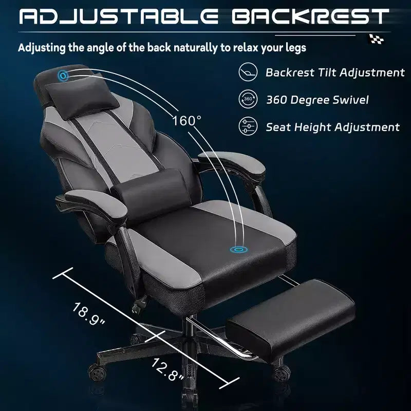 Sedia da Gaming con Schienale Alto con Poggiapiedi, Supporto Lombare Massaggiante e Girevole a 360°, Regolabile in Altezza, Pelle PU