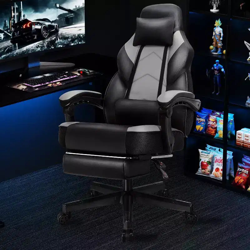 Sedia da Gaming con Schienale Alto con Poggiapiedi, Supporto Lombare Massaggiante e Girevole a 360°, Regolabile in Altezza, Pelle PU