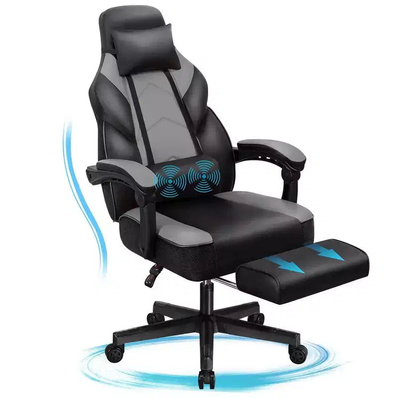 Sedia da Gaming con Schienale Alto con Poggiapiedi, Supporto Lombare Massaggiante e Girevole a 360°, Regolabile in Altezza, Pelle PU