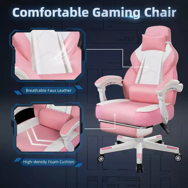 Sedia da Gaming con Schienale Alto con Poggiapiedi, Supporto Lombare Massaggiante e Girevole a 360°, Regolabile in Altezza, Pelle PU