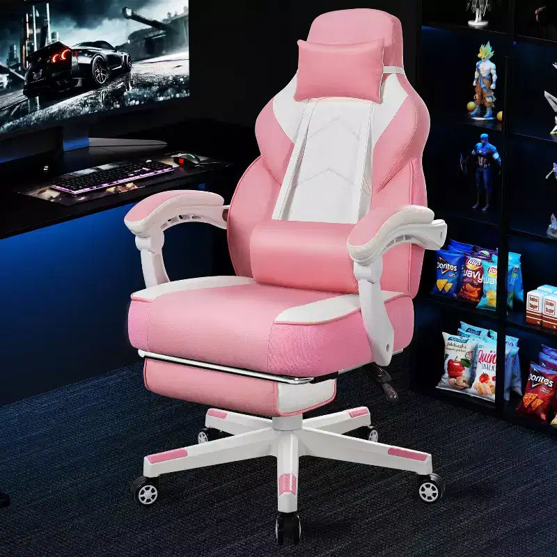 Sedia da Gaming con Schienale Alto con Poggiapiedi, Supporto Lombare Massaggiante e Girevole a 360°, Regolabile in Altezza, Pelle PU