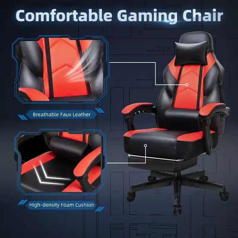 Sedia da Gaming con Schienale Alto con Poggiapiedi, Supporto Lombare Massaggiante e Girevole a 360°, Regolabile in Altezza, Pelle PU