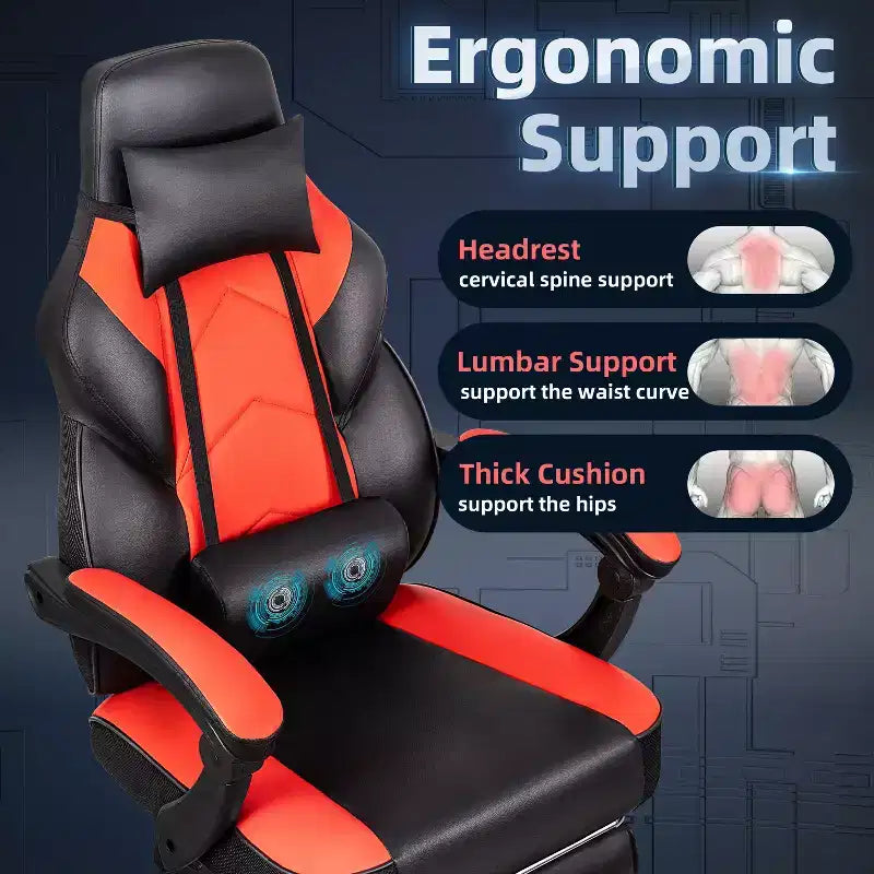 Sedia da Gaming con Schienale Alto con Poggiapiedi, Supporto Lombare Massaggiante e Girevole a 360°, Regolabile in Altezza, Pelle PU