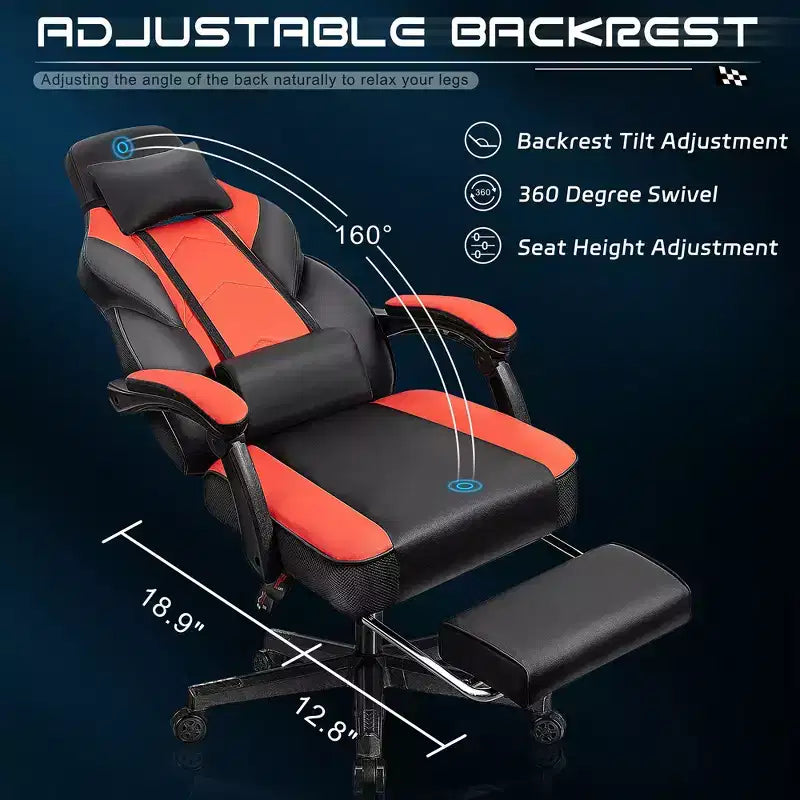 Sedia da Gaming con Schienale Alto con Poggiapiedi, Supporto Lombare Massaggiante e Girevole a 360°, Regolabile in Altezza, Pelle PU
