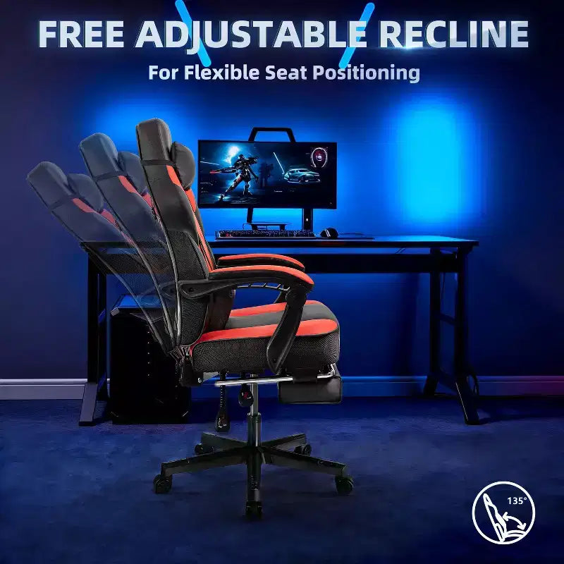 Sedia da Gaming con Schienale Alto con Poggiapiedi, Supporto Lombare Massaggiante e Girevole a 360°, Regolabile in Altezza, Pelle PU