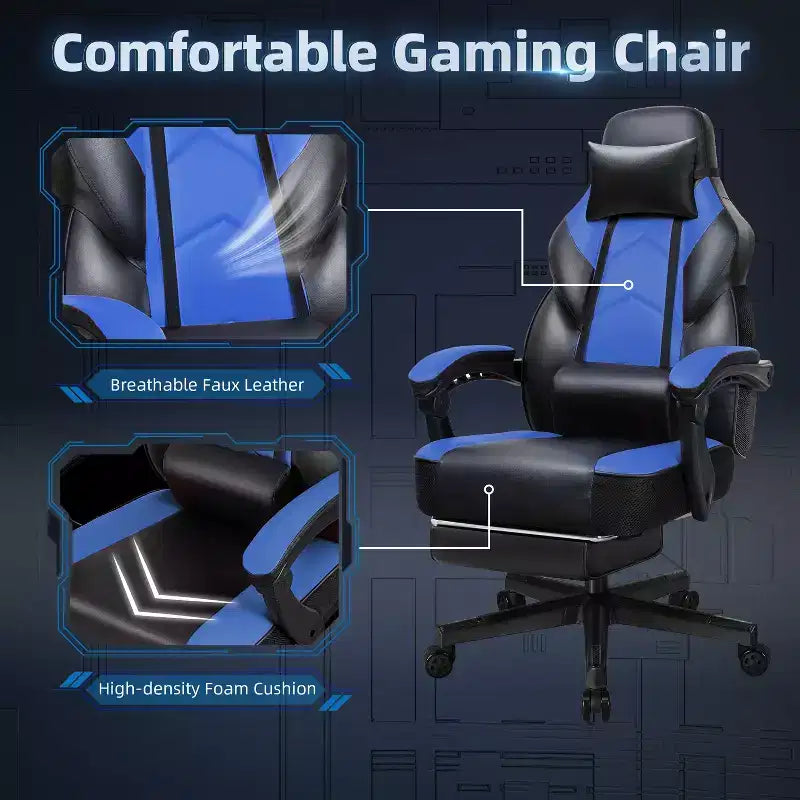 Sedia da Gaming con Schienale Alto con Poggiapiedi, Supporto Lombare Massaggiante e Girevole a 360°, Regolabile in Altezza, Pelle PU