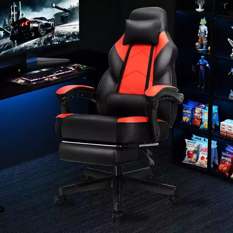 Sedia da Gaming con Schienale Alto con Poggiapiedi, Supporto Lombare Massaggiante e Girevole a 360°, Regolabile in Altezza, Pelle PU