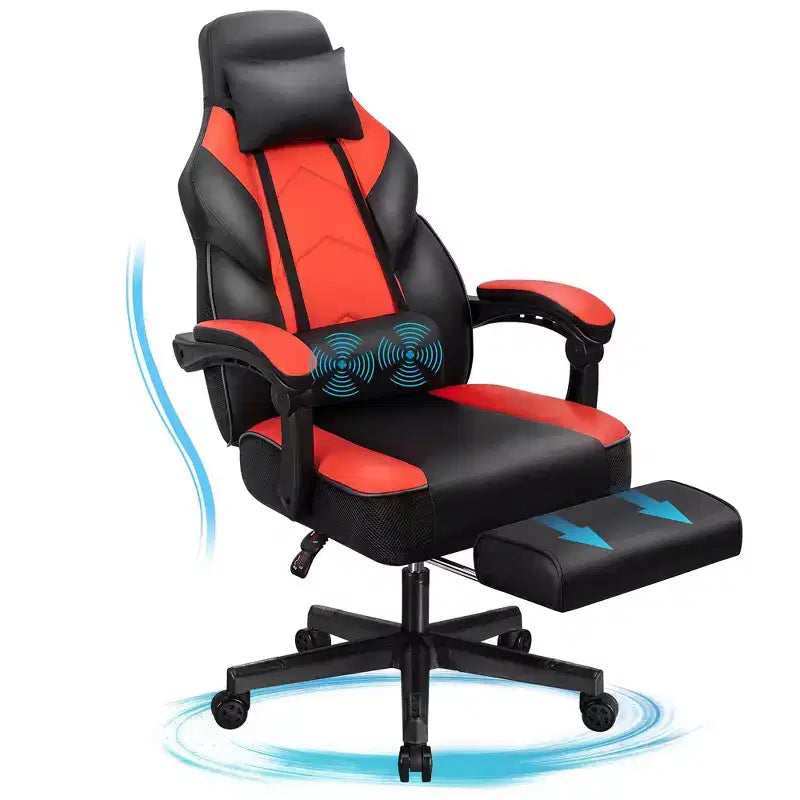 Sedia da Gaming con Schienale Alto con Poggiapiedi, Supporto Lombare Massaggiante e Girevole a 360°, Regolabile in Altezza, Pelle PU