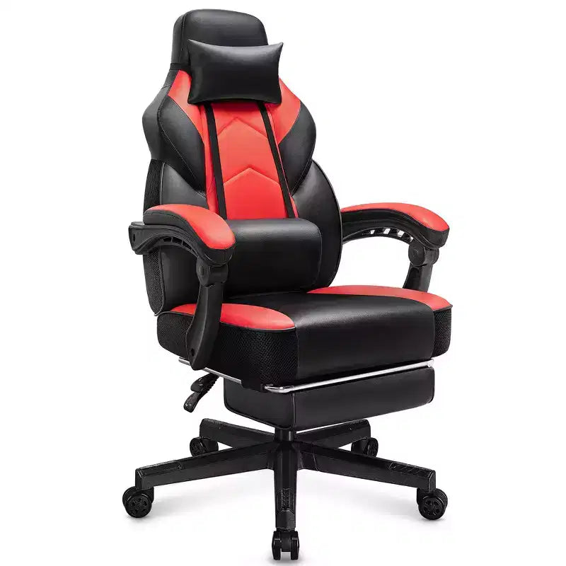 Sedia da Gaming con Schienale Alto con Poggiapiedi, Supporto Lombare Massaggiante e Girevole a 360°, Regolabile in Altezza, Pelle PU
