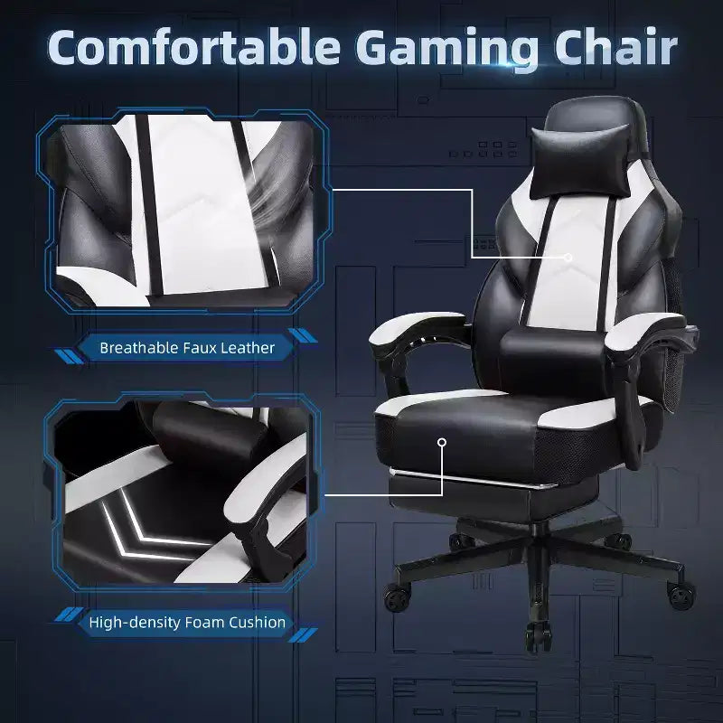 Sedia da Gaming con Schienale Alto con Poggiapiedi, Supporto Lombare Massaggiante e Girevole a 360°, Regolabile in Altezza, Pelle PU