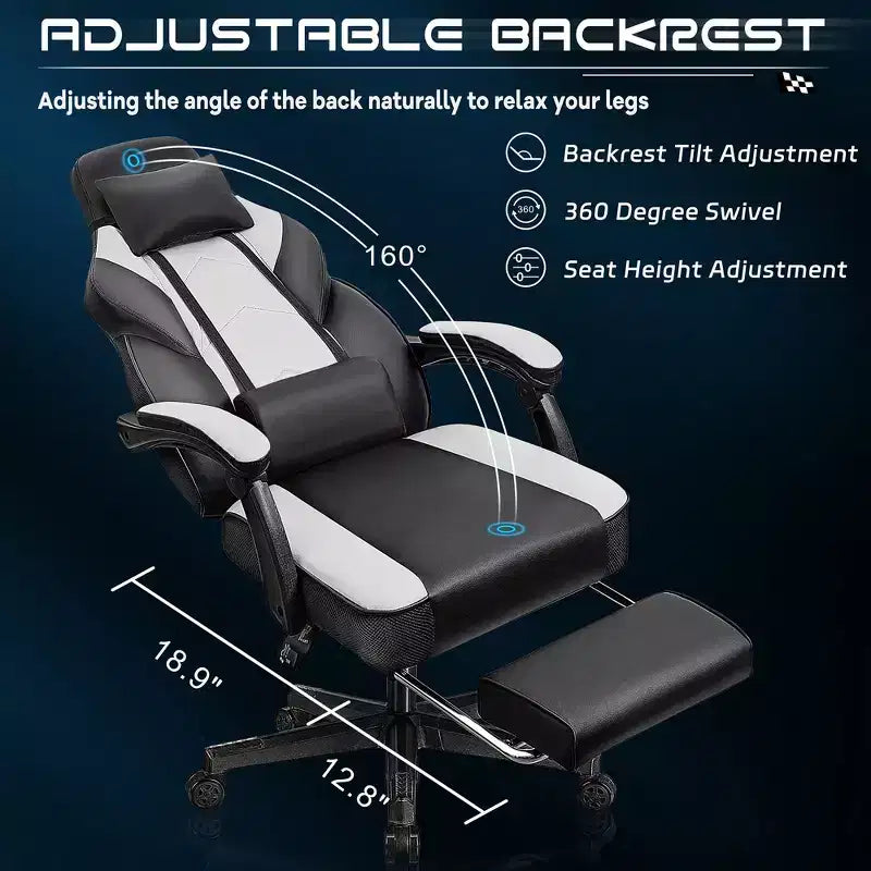 Sedia da Gaming con Schienale Alto con Poggiapiedi, Supporto Lombare Massaggiante e Girevole a 360°, Regolabile in Altezza, Pelle PU
