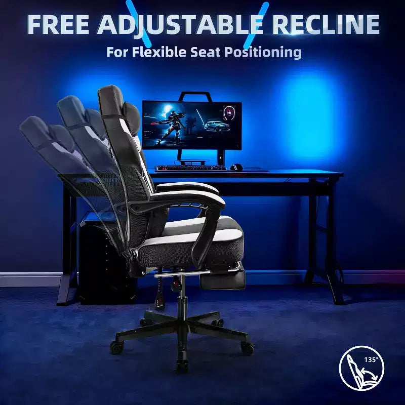 Sedia da Gaming con Schienale Alto con Poggiapiedi, Supporto Lombare Massaggiante e Girevole a 360°, Regolabile in Altezza, Pelle PU