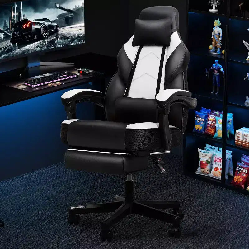 Sedia da Gaming con Schienale Alto con Poggiapiedi, Supporto Lombare Massaggiante e Girevole a 360°, Regolabile in Altezza, Pelle PU