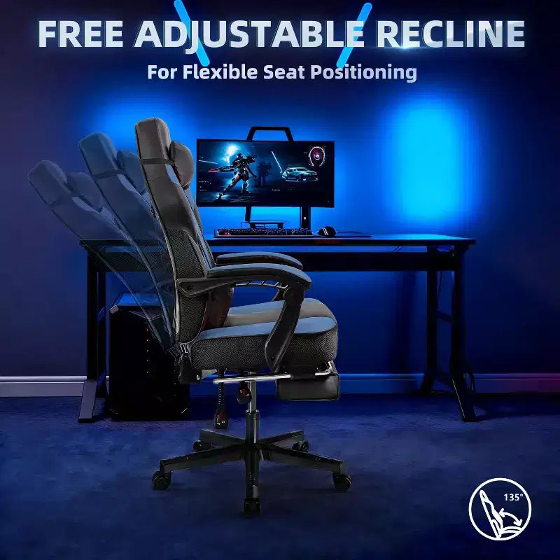 Sedia da Gaming con Schienale Alto con Poggiapiedi, Supporto Lombare Massaggiante e Girevole a 360°, Regolabile in Altezza, Pelle PU