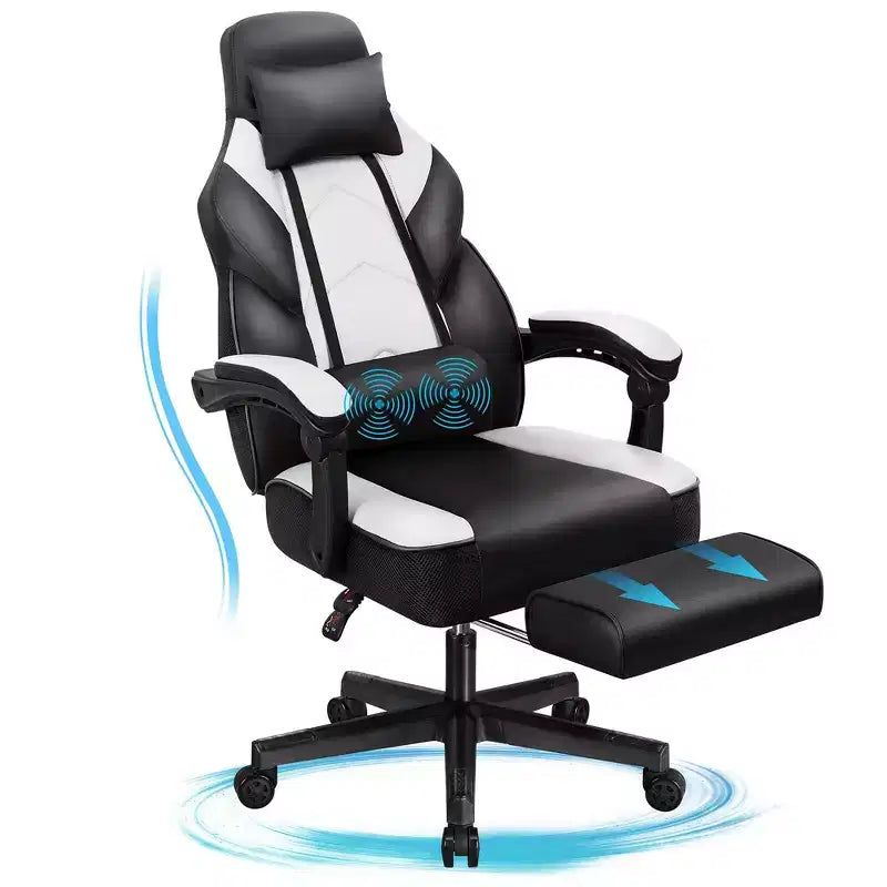Sedia da Gaming con Schienale Alto con Poggiapiedi, Supporto Lombare Massaggiante e Girevole a 360°, Regolabile in Altezza, Pelle PU