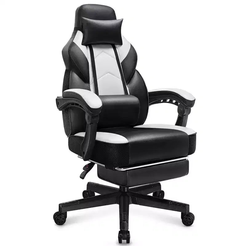 Sedia da Gaming con Schienale Alto con Poggiapiedi, Supporto Lombare Massaggiante e Girevole a 360°, Regolabile in Altezza, Pelle PU