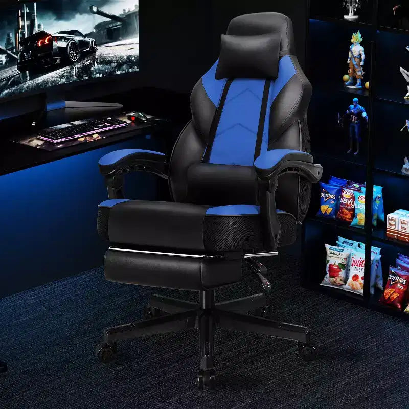 Sedia da Gaming con Schienale Alto con Poggiapiedi, Supporto Lombare Massaggiante e Girevole a 360°, Regolabile in Altezza, Pelle PU