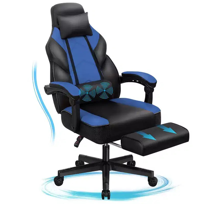 Sedia da Gaming con Schienale Alto con Poggiapiedi, Supporto Lombare Massaggiante e Girevole a 360°, Regolabile in Altezza, Pelle PU