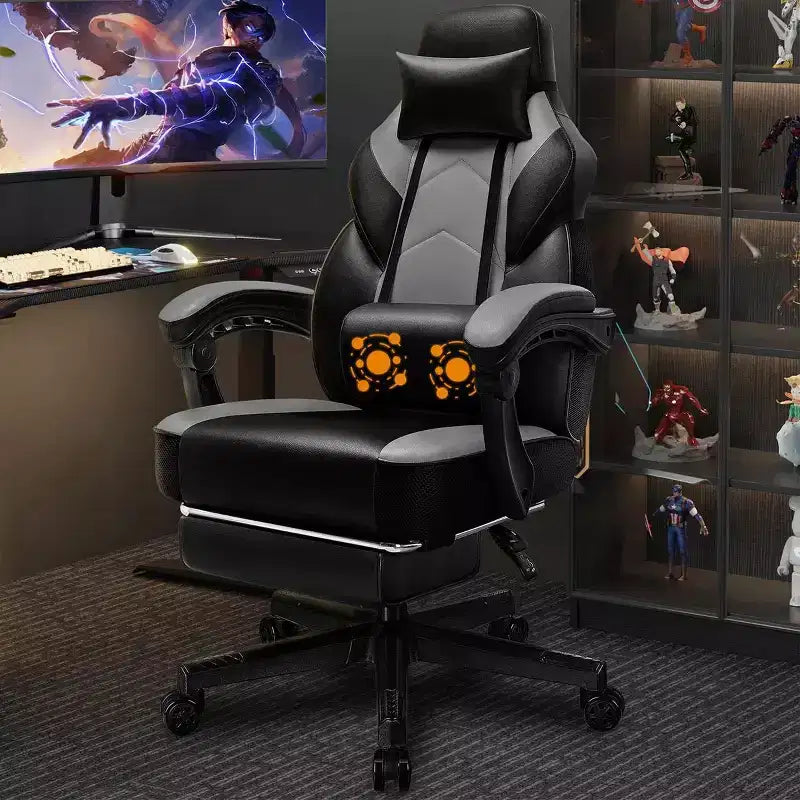 Sedia da Gaming con Schienale Alto con Poggiapiedi, Supporto Lombare Massaggiante e Girevole a 360°, Regolabile in Altezza, Pelle PU