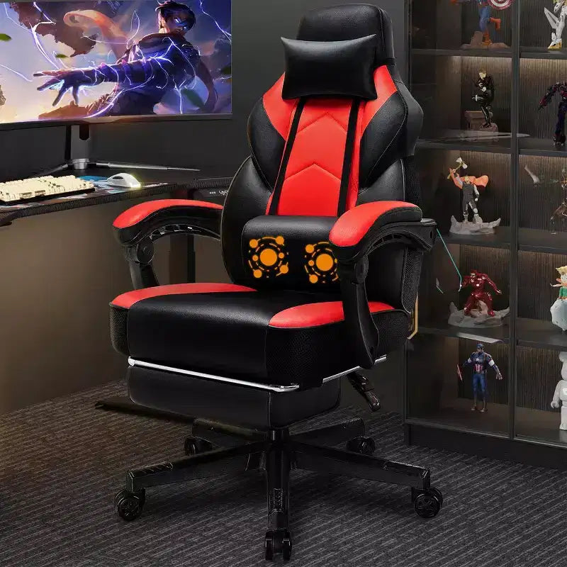 Sedia da Gaming con Schienale Alto con Poggiapiedi, Supporto Lombare Massaggiante e Girevole a 360°, Regolabile in Altezza, Pelle PU