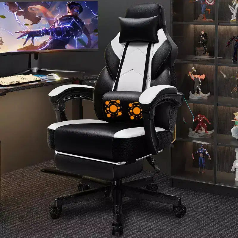 Sedia da Gaming con Schienale Alto con Poggiapiedi, Supporto Lombare Massaggiante e Girevole a 360°, Regolabile in Altezza, Pelle PU