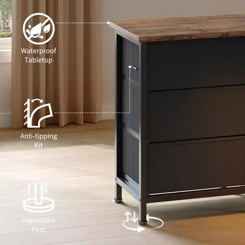 Comò da 70" con 13 cassetti in tessuto e luci LED, struttura in metallo, per camera da letto o soggiorno