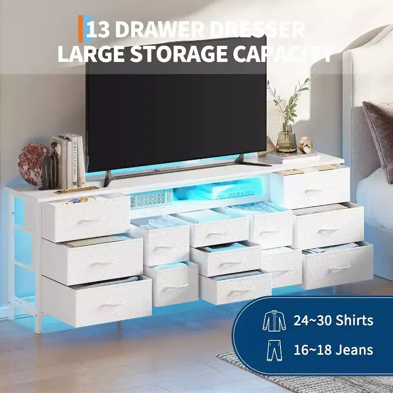 Comò da 70" con 13 cassetti in tessuto e luci LED, struttura in metallo, per camera da letto o soggiorno
