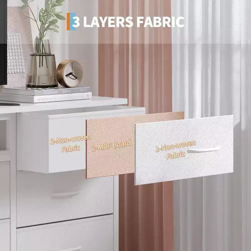 Comò da 70" con 13 cassetti in tessuto e luci LED, struttura in metallo, per camera da letto o soggiorno