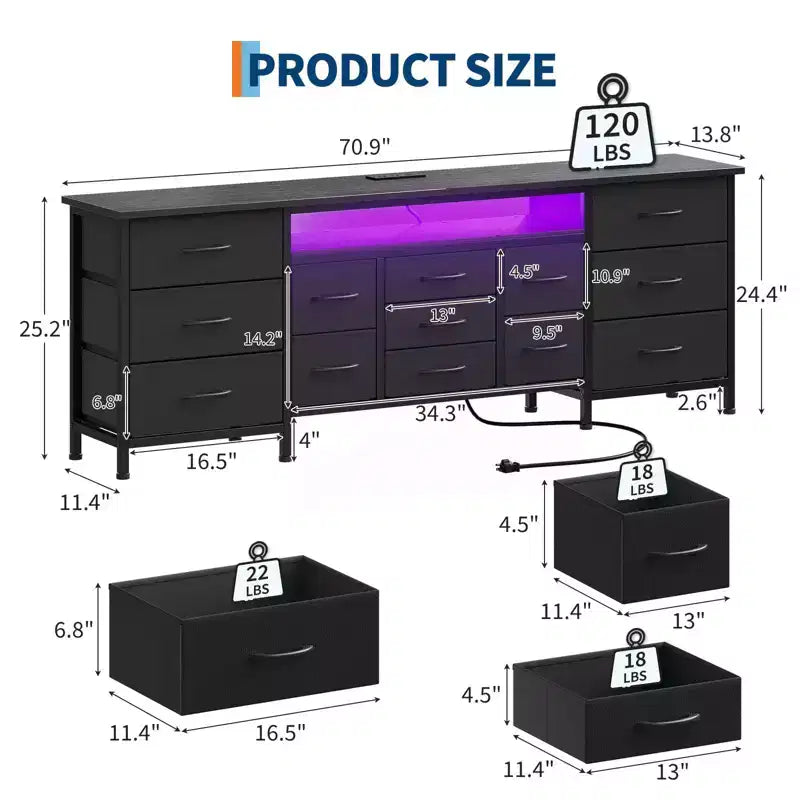 Comò da 70" con 13 cassetti in tessuto e luci LED, struttura in metallo, per camera da letto o soggiorno