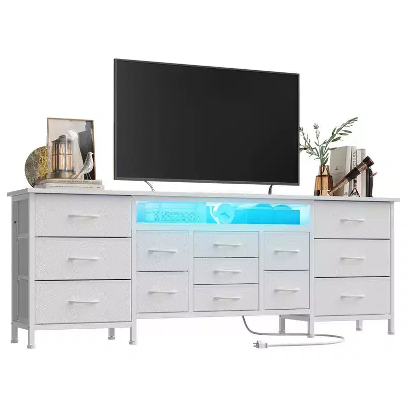Comò da 70" con 13 cassetti in tessuto e luci LED, struttura in metallo, per camera da letto o soggiorno