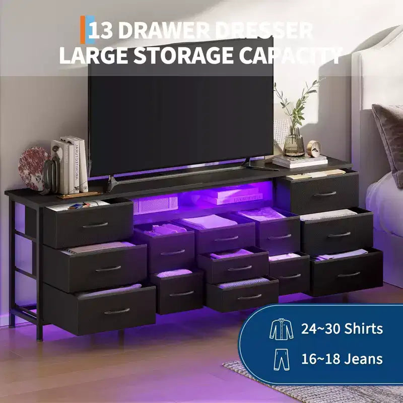 Comò da 70" con 13 cassetti in tessuto e luci LED, struttura in metallo, per camera da letto o soggiorno