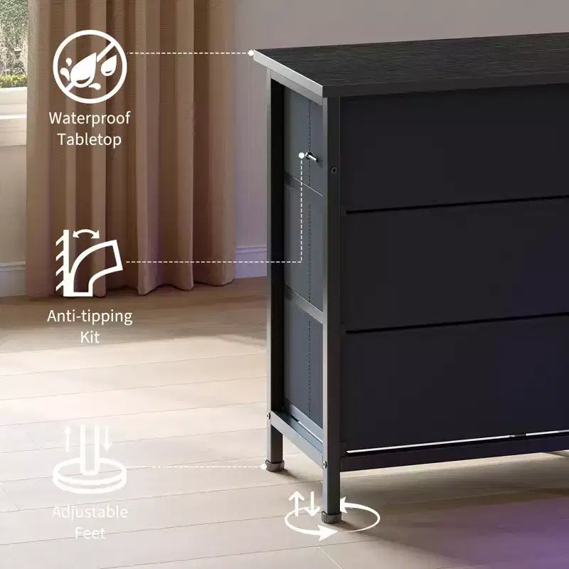 Comò da 70" con 13 cassetti in tessuto e luci LED, struttura in metallo, per camera da letto o soggiorno