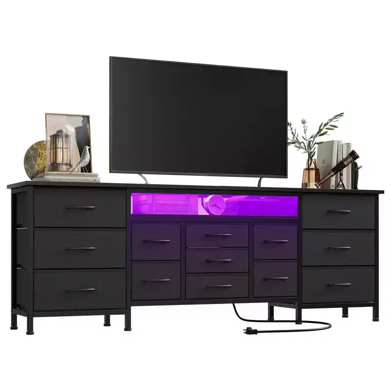 Comò da 70" con 13 cassetti in tessuto e luci LED, struttura in metallo, per camera da letto o soggiorno