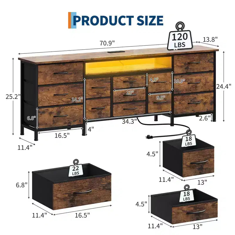 Comò da 70" con 13 cassetti in tessuto e luci LED, struttura in metallo, per camera da letto o soggiorno