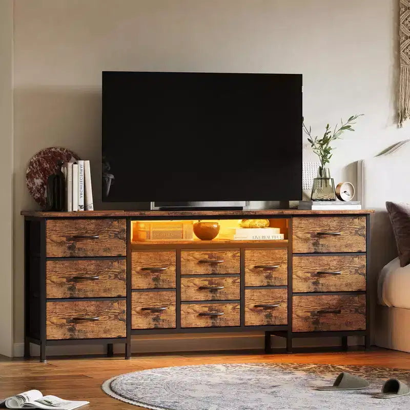 Comò da 70" con 13 cassetti in tessuto e luci LED, struttura in metallo, per camera da letto o soggiorno