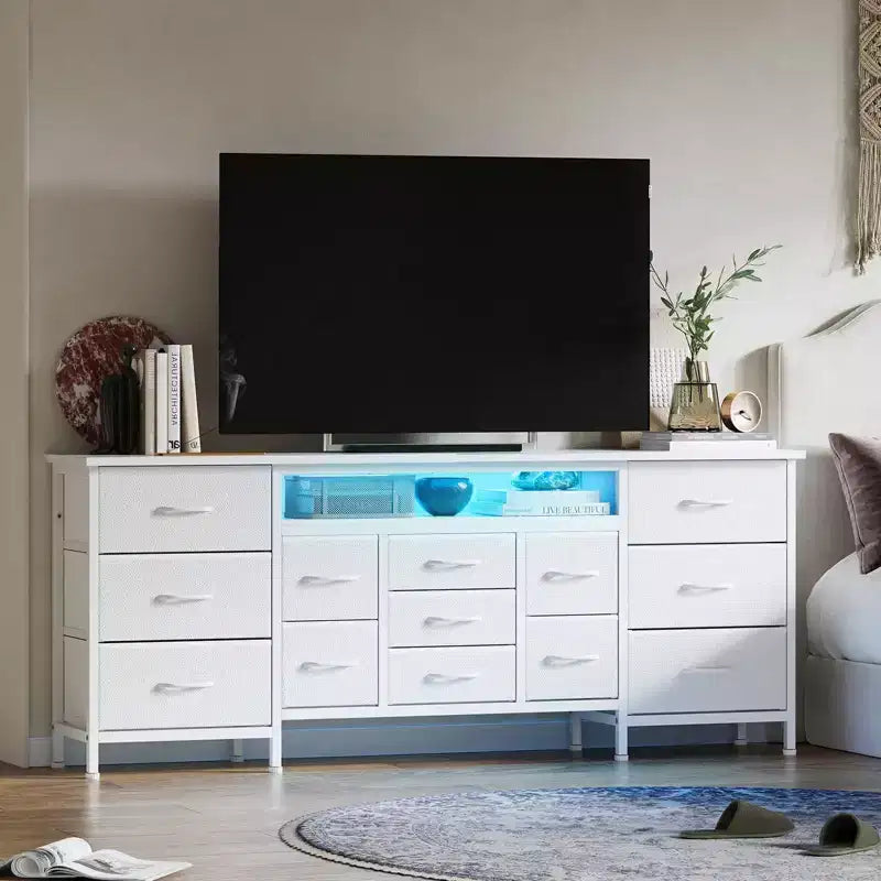 Comò da 70" con 13 cassetti in tessuto e luci LED, struttura in metallo, per camera da letto o soggiorno