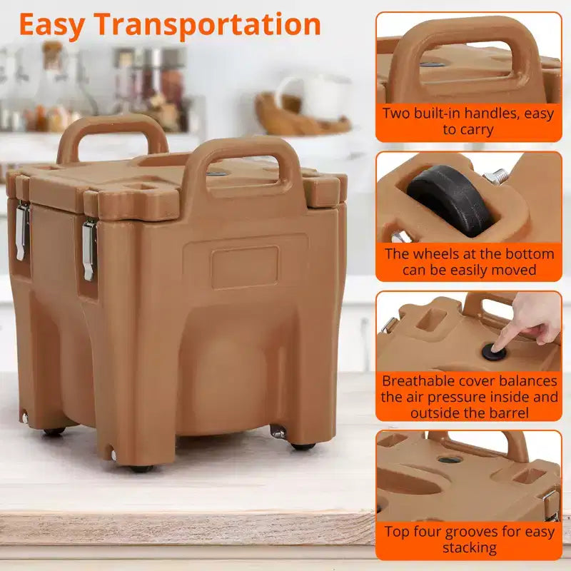 Contenitore Termico Porta Alimenti da 20 Litri con Cucchiaio, in Acciaio Inox, Caricamento dall'Alto, con Ruote e Blocco Laterale, per Catering