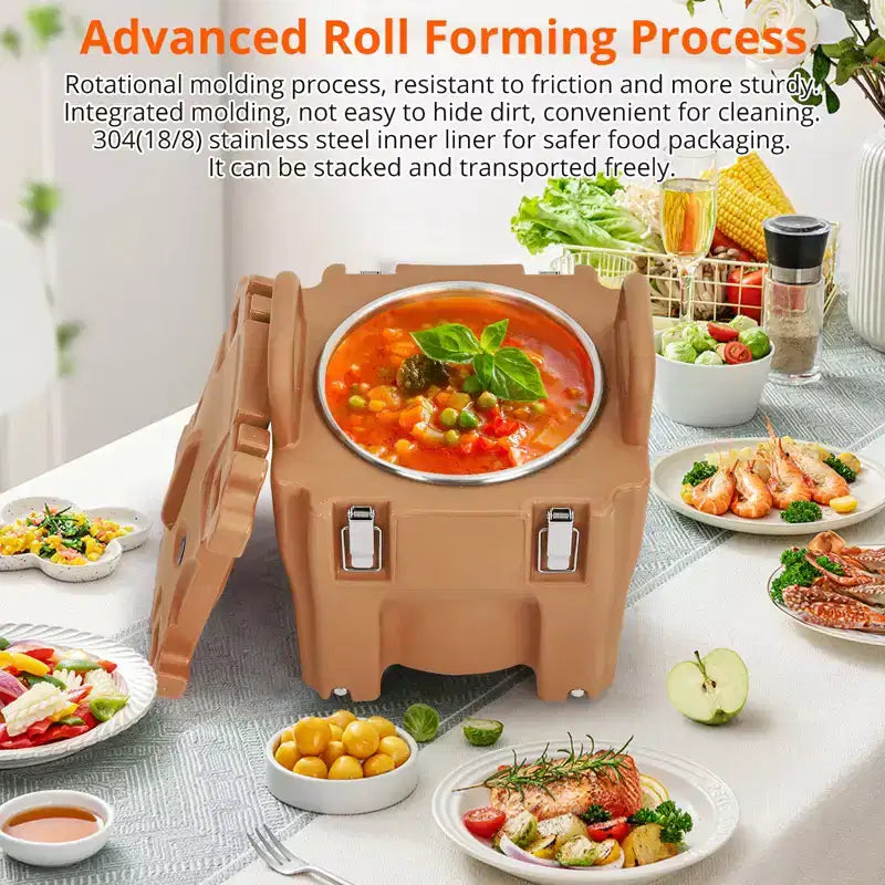 Contenitore Termico Porta Alimenti da 20 Litri con Cucchiaio, in Acciaio Inox, Caricamento dall'Alto, con Ruote e Blocco Laterale, per Catering