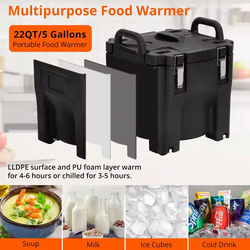 Contenitore Termico Porta Alimenti da 20 Litri con Cucchiaio, in Acciaio Inox, Caricamento dall'Alto, con Ruote e Blocco Laterale, per Catering