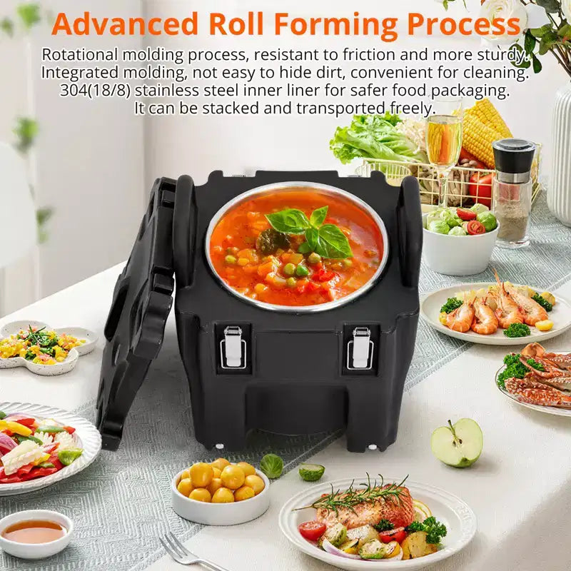 Contenitore Termico Porta Alimenti da 20 Litri con Cucchiaio, in Acciaio Inox, Caricamento dall'Alto, con Ruote e Blocco Laterale, per Catering