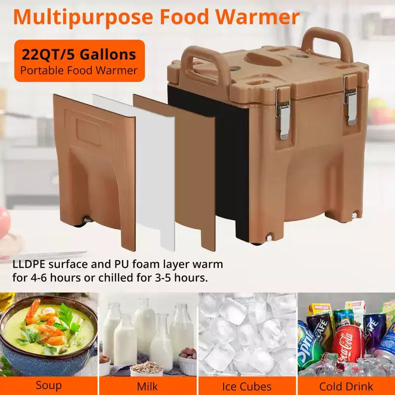 Contenitore Termico Porta Alimenti da 20 Litri con Cucchiaio, in Acciaio Inox, Caricamento dall'Alto, con Ruote e Blocco Laterale, per Catering