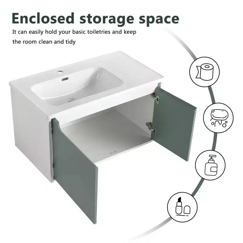 Mobile lavabo da bagno sospeso con lavello in ceramica, verde menta