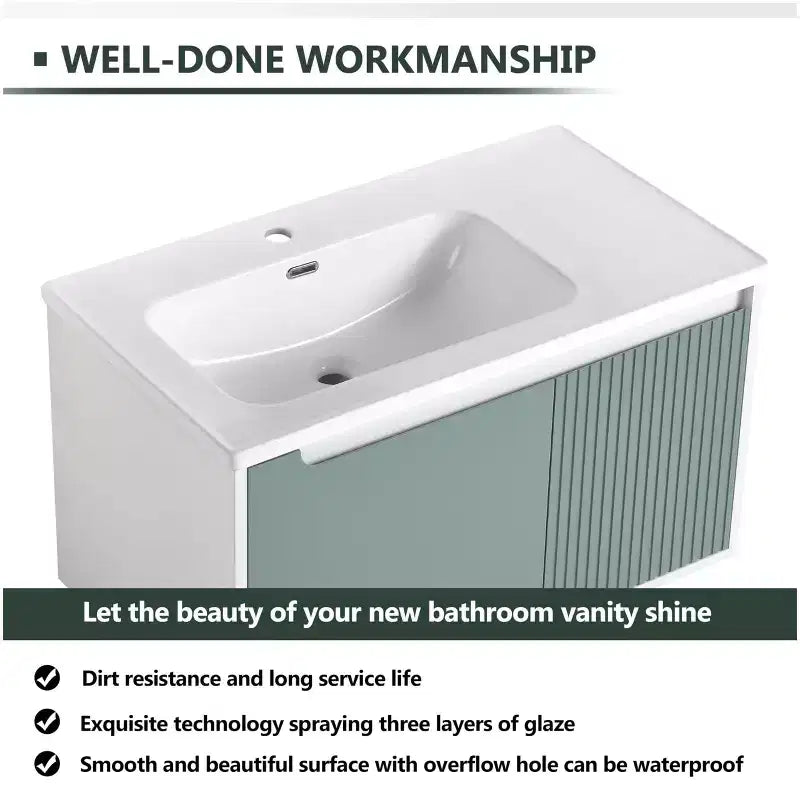 Mobile lavabo da bagno sospeso con lavello in ceramica, verde menta