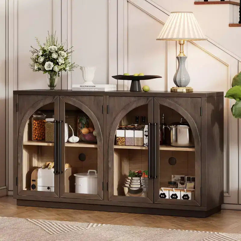 Credenza a buffet con ante in vetro ad arco e ripiani regolabili, 152,4 cm (L) x 40,4 cm (P) x 87,1 cm (A)