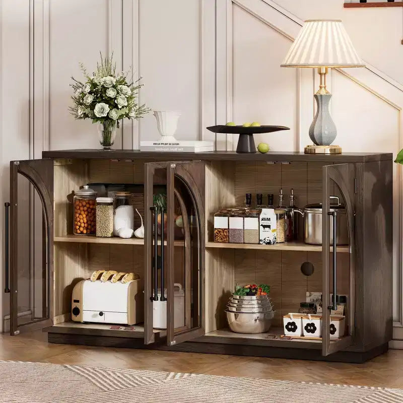 Credenza a buffet con ante in vetro ad arco e ripiani regolabili, 152,4 cm (L) x 40,4 cm (P) x 87,1 cm (A)