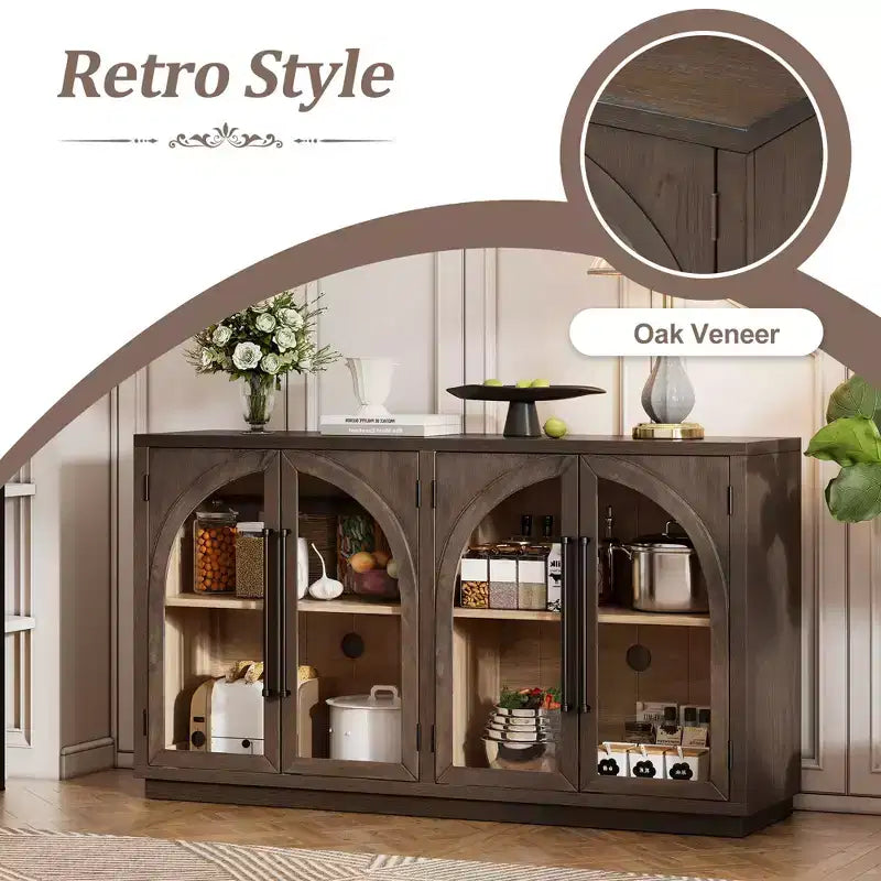 Credenza a buffet con ante in vetro ad arco e ripiani regolabili, 152,4 cm (L) x 40,4 cm (P) x 87,1 cm (A)