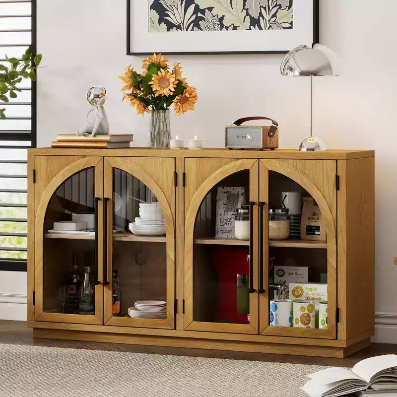 Credenza a buffet con ante in vetro ad arco e ripiani regolabili, 152,4 cm (L) x 40,4 cm (P) x 87,1 cm (A)