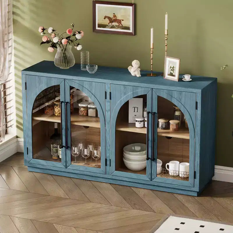 Credenza a buffet con ante in vetro ad arco e ripiani regolabili, 152,4 cm (L) x 40,4 cm (P) x 87,1 cm (A)